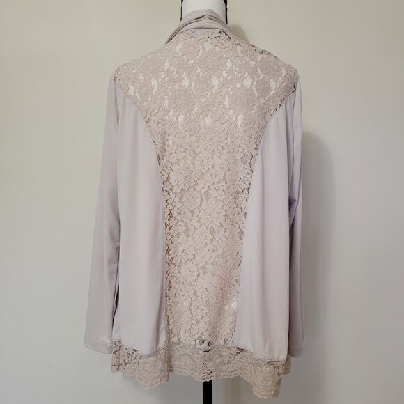 Susan Graver L Beige Cardigan Long Sleeve Open Front Lace Stretch Sweater - Picture 1 of 16